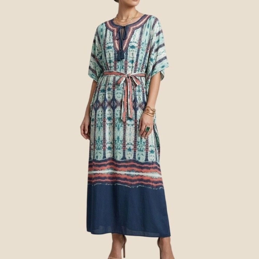 Jealous Tomato Caftan Maxi Dress Women S Teal Coral Excellent Ikat Boho Resort